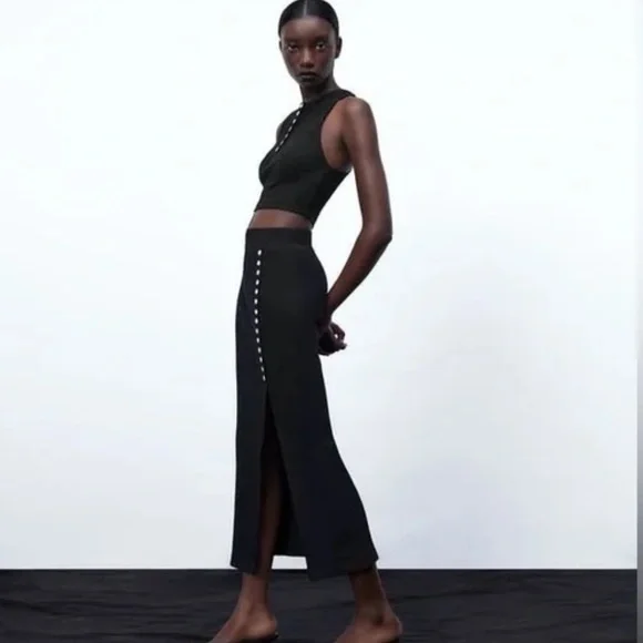 ZARA Pencil Basic Skirt Midi Casual Side Split Ribbed Knit Bodycon Skirt - Picture 2 of 8